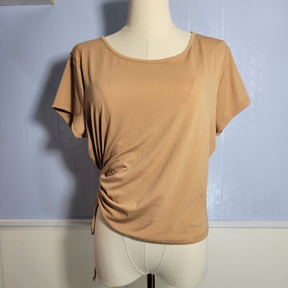 Rue + 1X Light Tan Round Neck Shortsleeve Scrunched Tie Side Casual T-Shirt